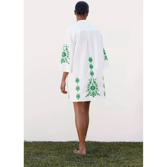 White Green Embroidered Cotton Kaftan Tunic Mini DRESS from ZARA Size Medium New - Picture 2 of 11